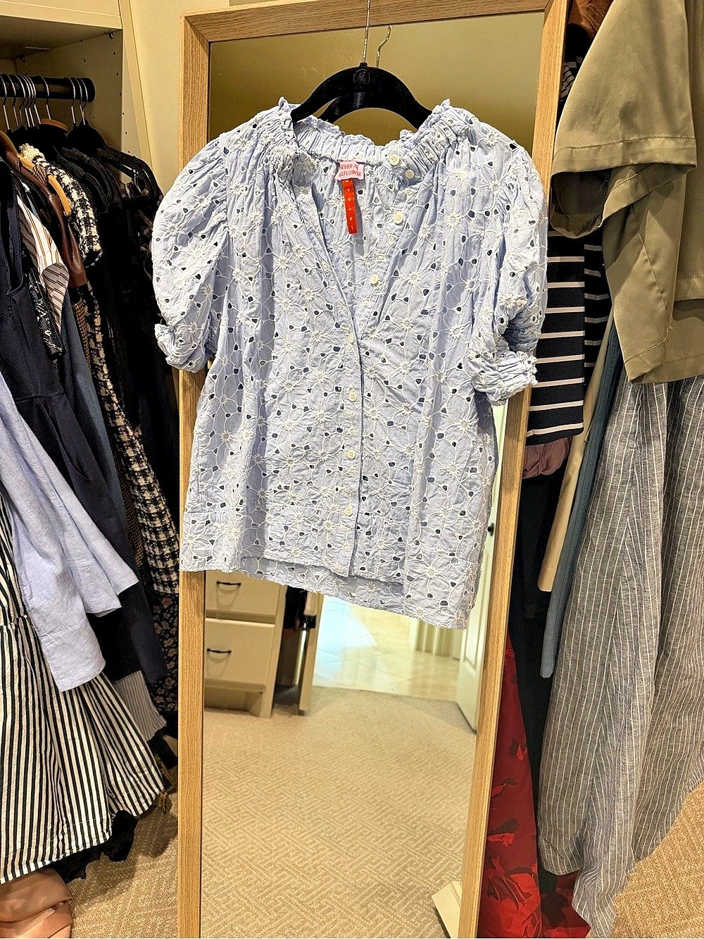 Eyelet Floral Short Sleeve Blouse in Blue & White